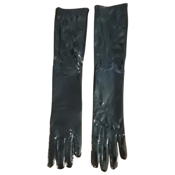 Elegant Black faux patent Leather opera Gloves costume performance nwt - Picture 2 of 3